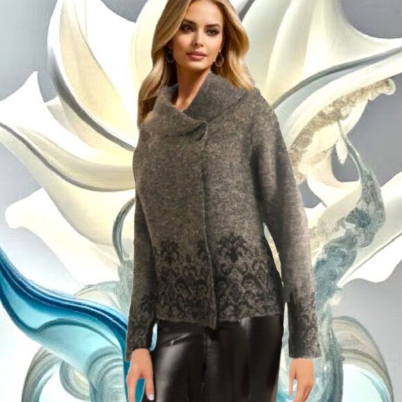 ADRIENNE VITTADINI Gray Black Lacy Design Wool Blend Knit Cardigan Sweater Sz M - Picture 3 of 5